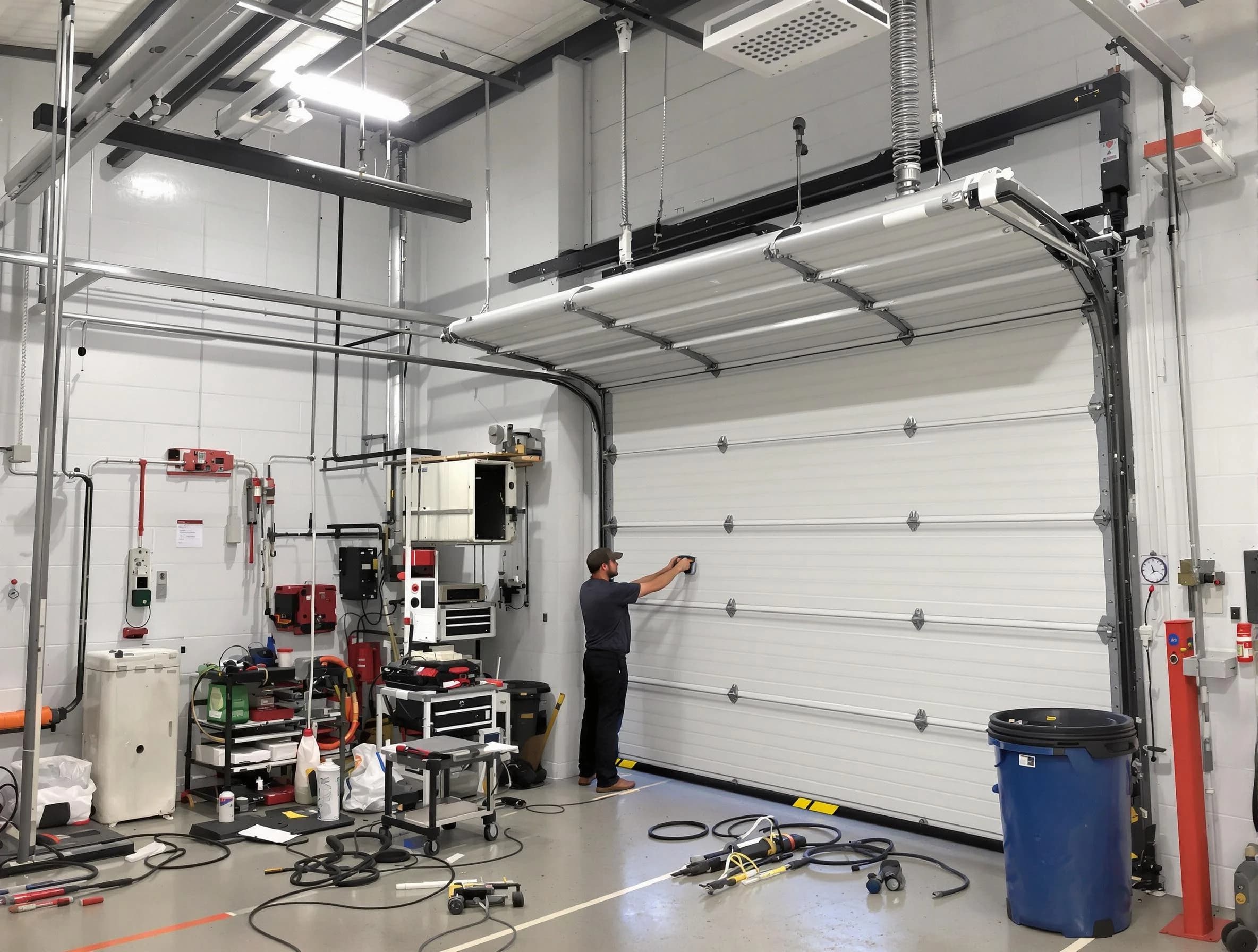 Tooele Garage Door Repair certified technician performing commercial door repair at a Tooele business facility
