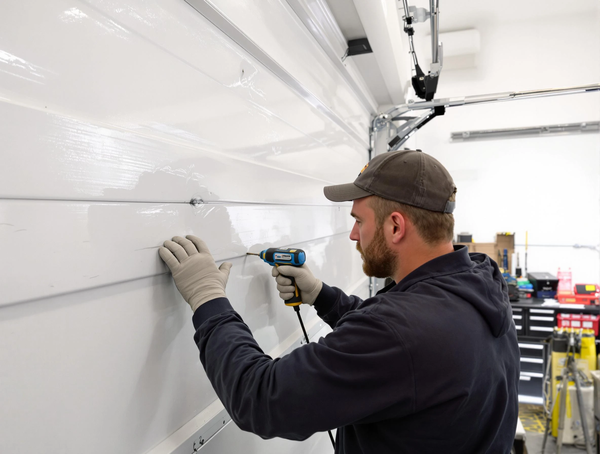 Tooele Garage Door Repair technician demonstrating precision dent removal techniques on a Tooele garage door